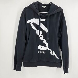 Kenzo Paris Hoodie Sweatshirt Black Graphic Signature Logo Print Drawstring Sz L